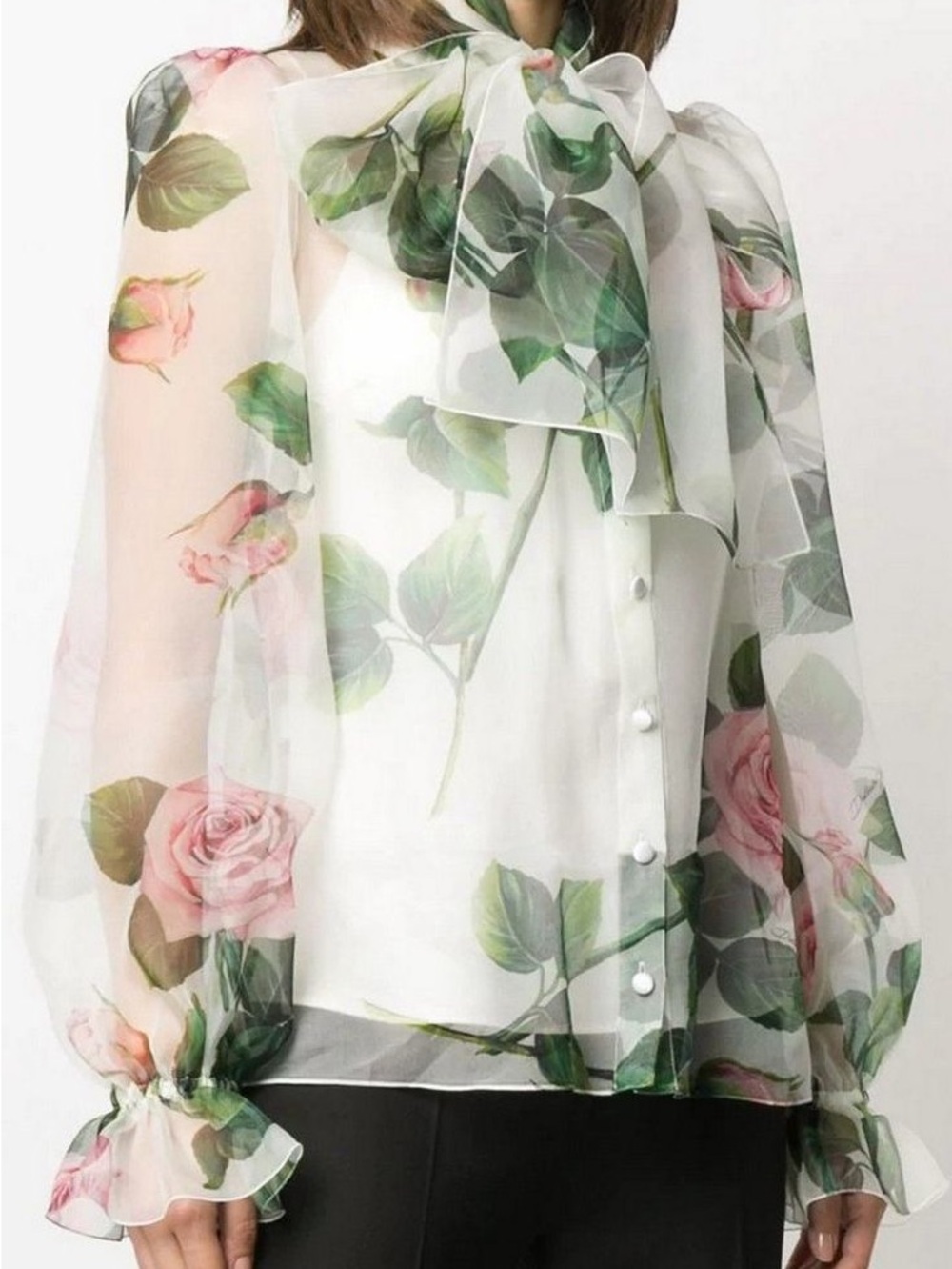 Dolce & Gabbana Tropical Rose Tie-Neck Silk Blouse